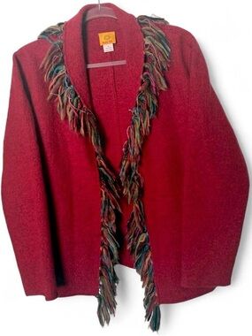 Ruby Rd. red wool cardigan with rainbow fringe detail cowl neck boho winter